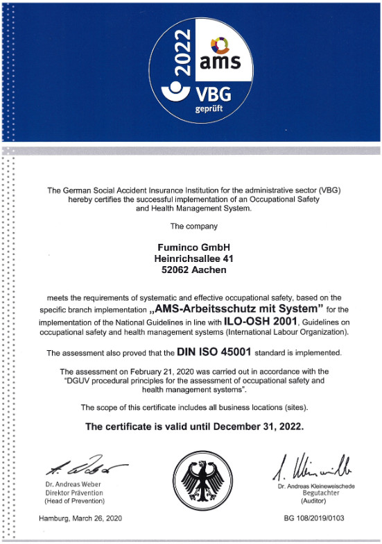 VBG geprüft - AMS - Arbeitsschutz mit System - ILO-OSH 2001, DIN ISO 45001 implemented